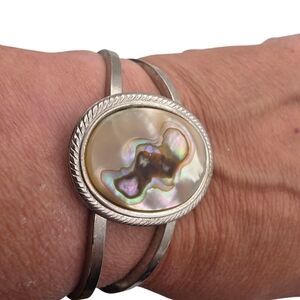 Handmade Silver and Cream Abalone Hinge Bracelet